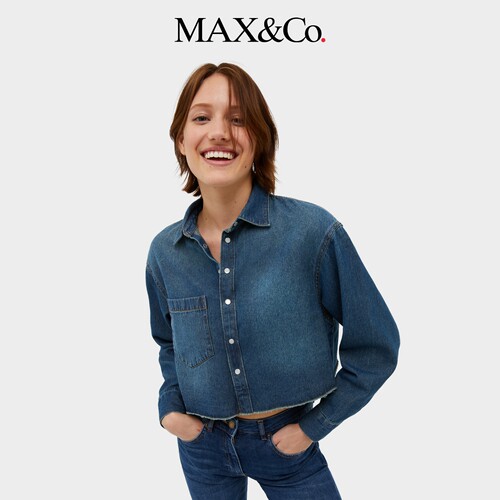 MAX&Co.女装经典款通勤纯棉蓝色牛仔短款衬衫上衣女6116024102