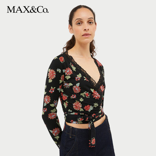 春夏蕾丝边花卉印花上衣