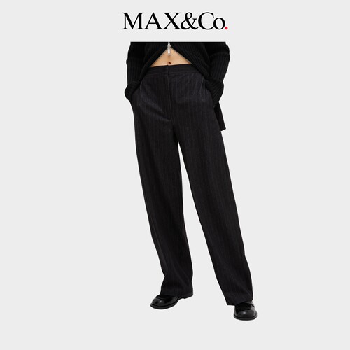 MAX&Co.女装黑色宽松筒形条纹平纹针织西装长裤6786014302