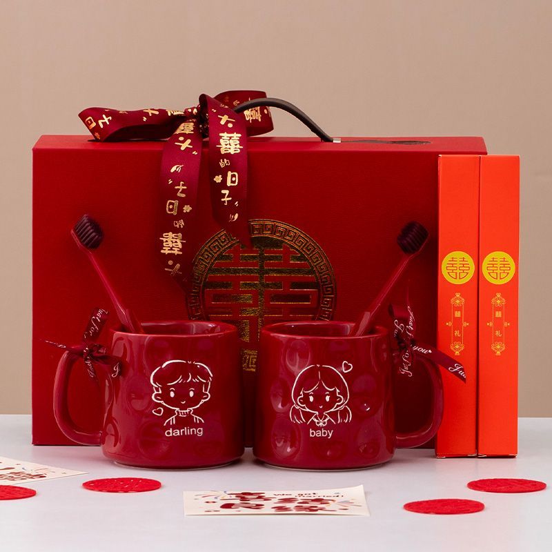 结婚洗漱杯套装红色陶瓷