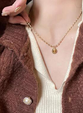 复古虎眼石粒项链女2025新款秋冬