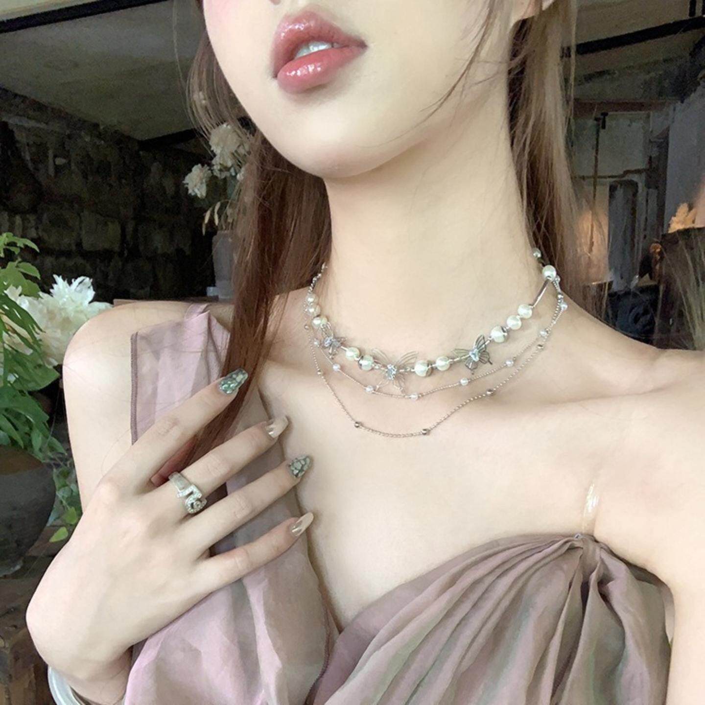 潮酷流苏镂空蝴蝶珍珠项链女感小众设计颈链时尚气质锁骨链配饰潮