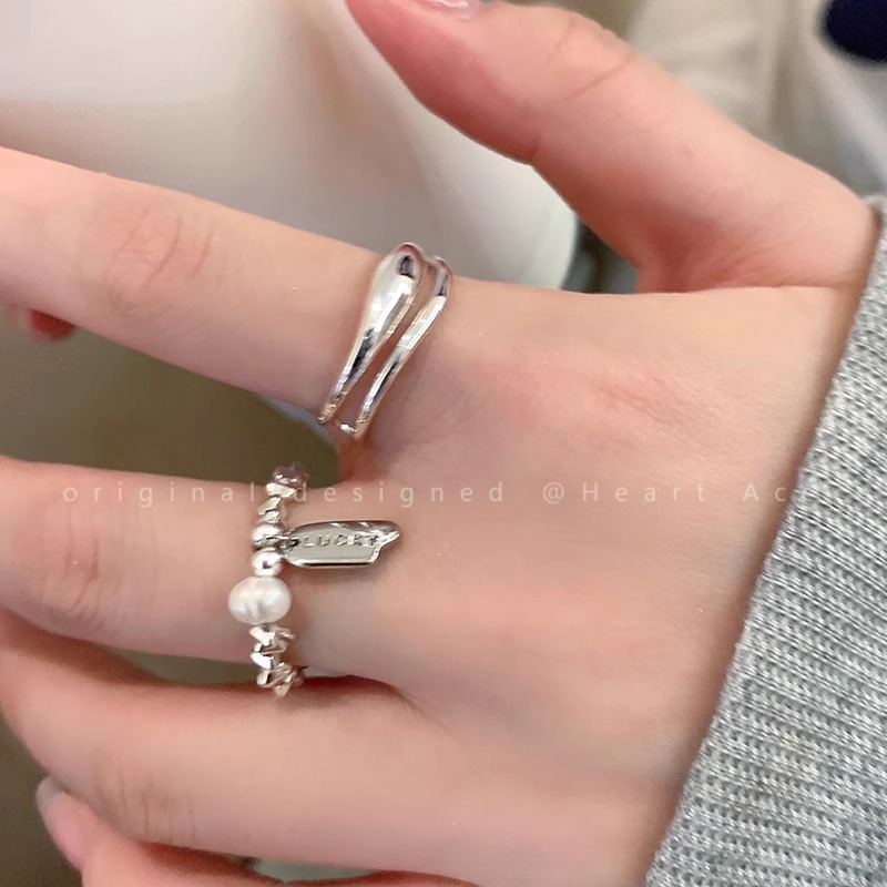 双层碎银子珍珠戒指女感金属开口可调节食指戒轻奢不规则指环