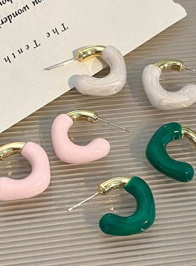 欧美时髦绿色耳环新款耳圈潮小众设计感法式银针耳钉女耳饰品