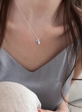 简约小众不规则纹理方牌吊坠蓝色锆石爱心项链女百搭高级感锁骨链