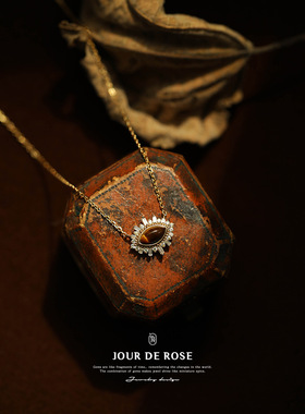 《风之旅人》复古宫廷虎睛石虎眼S925纯银镀金锁骨项链吊坠女气质