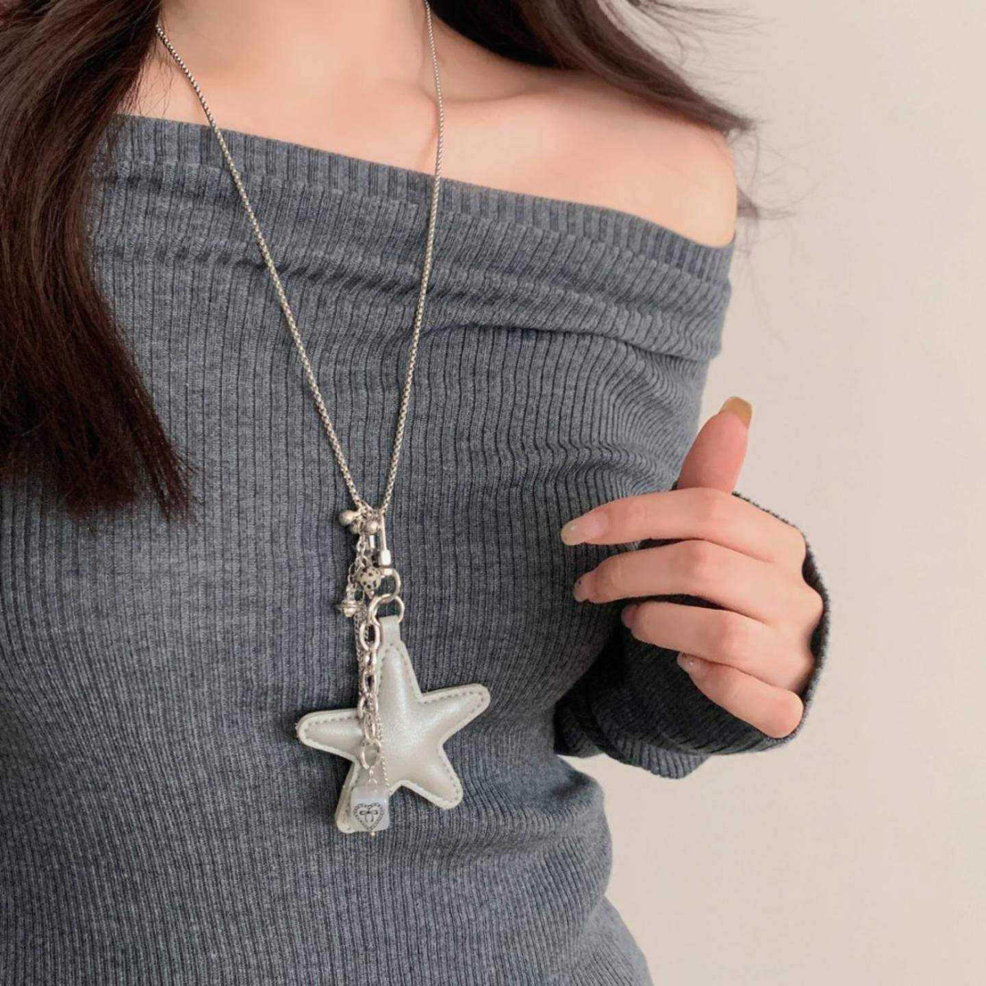 潮流皮质星星虎眼石流苏项链女小众高级感长款毛衣链日常百搭配饰