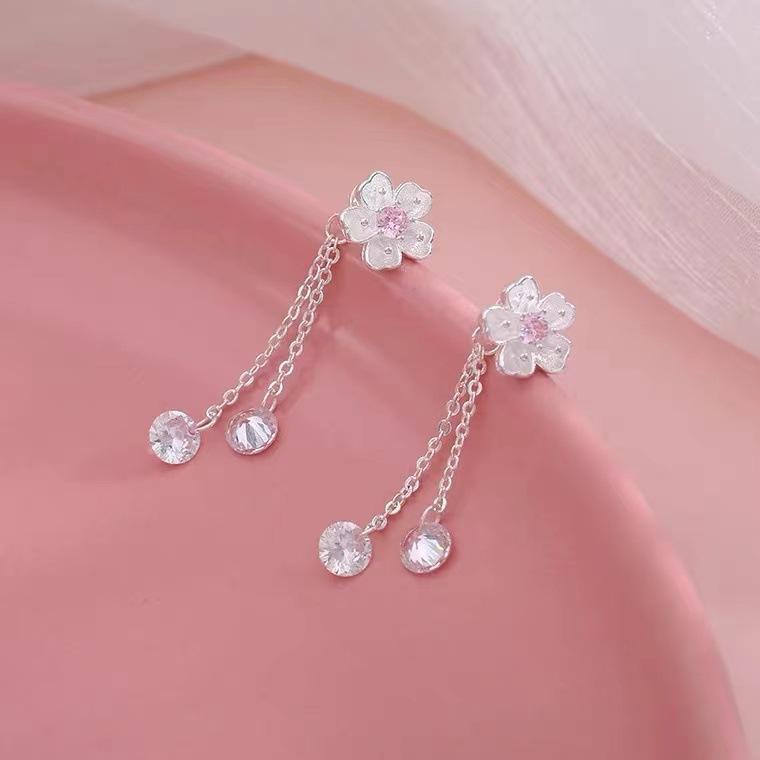 新款s925纯银粉锆石樱花耳钉甜美长款花朵流苏耳环ins少女心耳饰