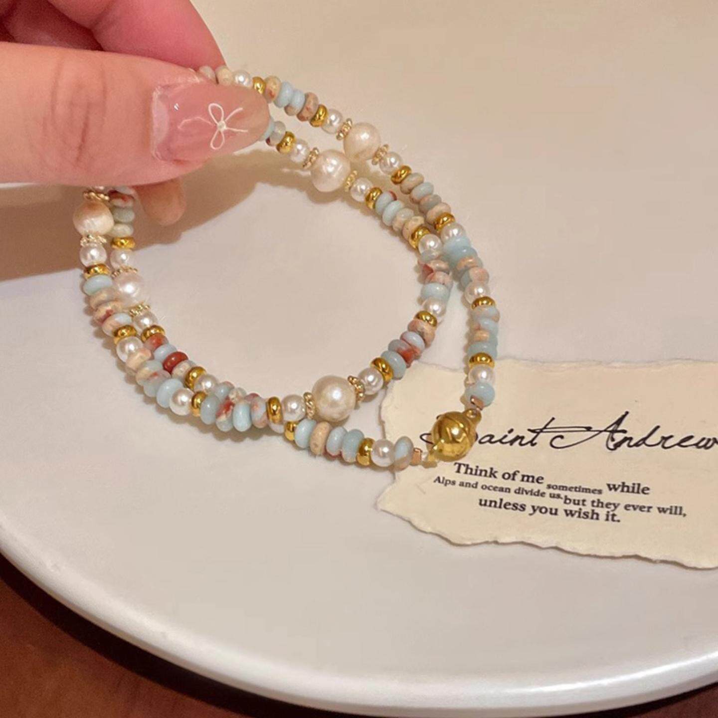 淡水珍珠寿山石彩色串珠手链小众复古轻奢感双层叠戴手串手饰