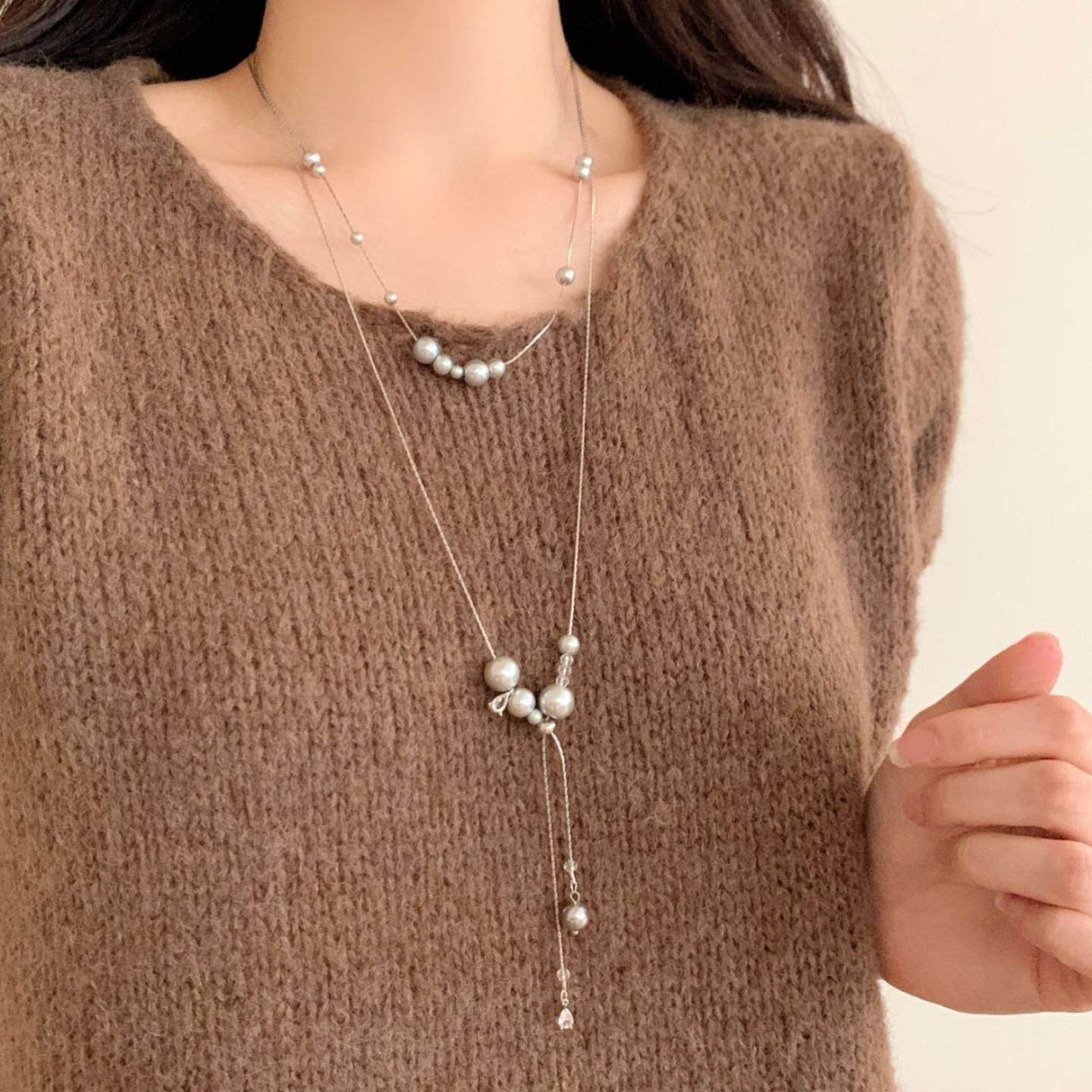冷淡风银灰色珍珠满天星叠戴颈链长款项链女辣妹小众设计感锁骨链
