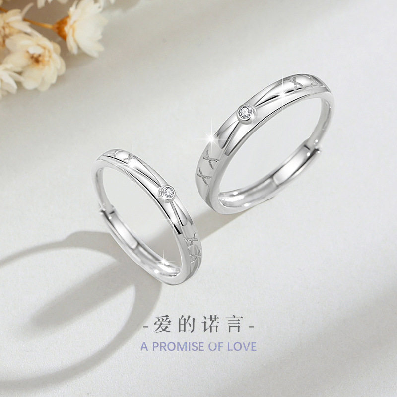 唯爱一生纯银925情侣戒指男女时尚百搭款锆石戒环得物ins交织对戒
