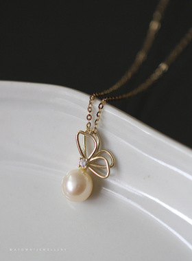 飞舞~S925纯银镀14K金项链吊坠女 珍珠双层蝴蝶气质简约优雅挂坠