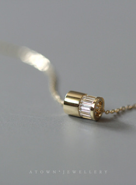 S925纯银镀14K金项链女 长方钻转运珠气质闪亮幸运优雅吊坠挂坠女