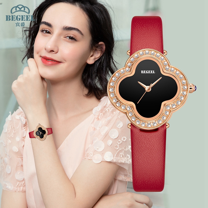 宾爵幸运四叶草镶钻女表本命年红