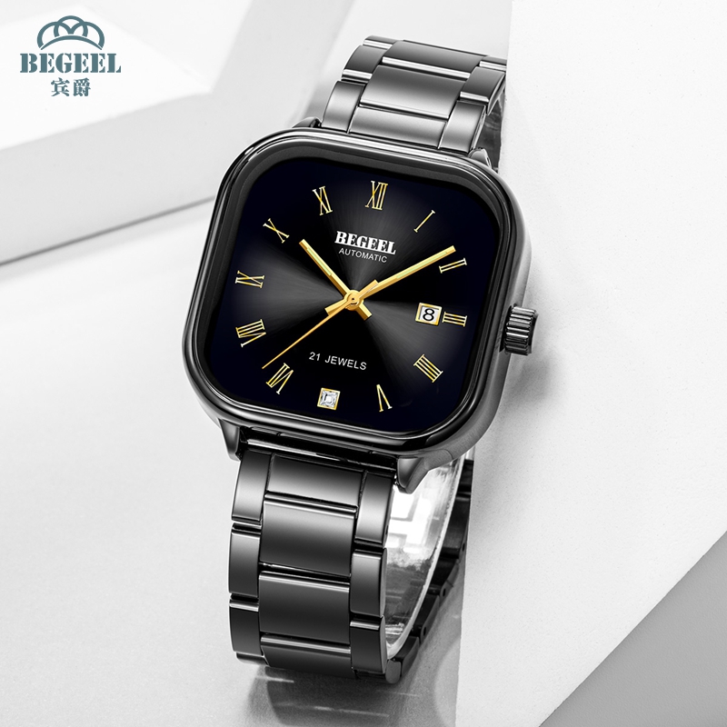 宾爵男士手表方形表盘优雅黑商务防水日历款全自动机械表高级腕表