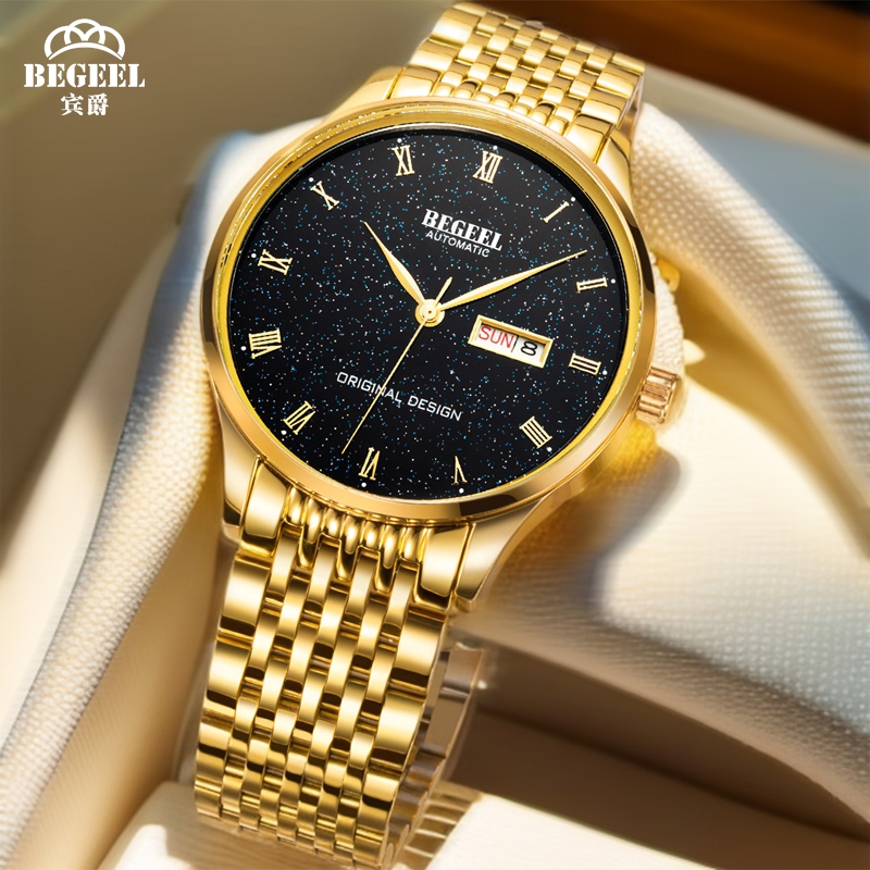 宾爵金表男款星空面进口机芯全自动机械商务高级双日历防水手表