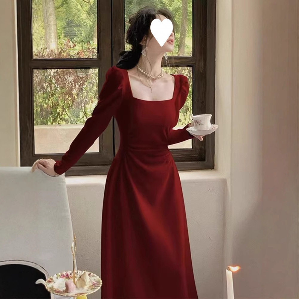 法国TopWhit红色长袖连衣裙女春秋法式订婚礼服新娘敬酒服平时