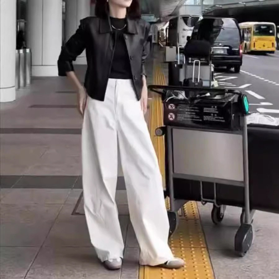 日系cherrykoko秋季新款高级感翻领小皮衣外套白色休闲裤女