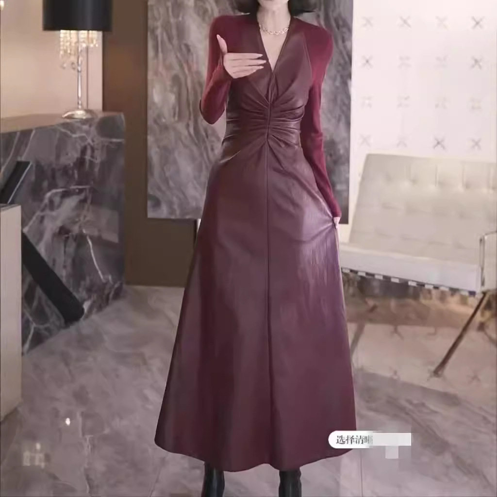 日系cherrykoko新款御姐轻熟风v领拼接帅气连衣裙修身显瘦女