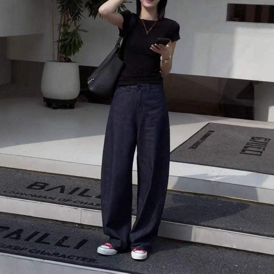 日系cherrykoko夏季新款圆领短袖净版t恤该有垂感直筒长裤女
