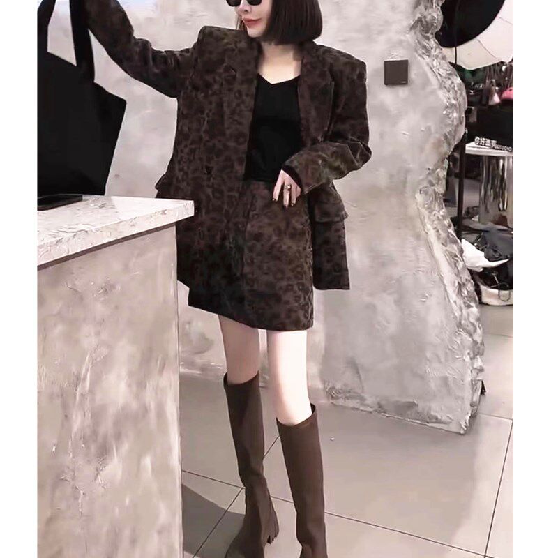日系cherrykoko早春新款韩系豹纹花色西服外套+半身裙洋气显瘦女