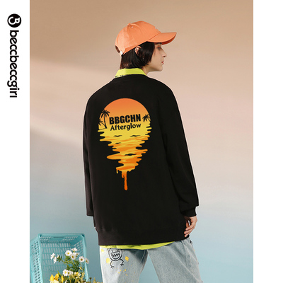 BECCBECCGIRL8820圆领卫衣女小个子黑色夕阳印花爆款秋冬套头长袖