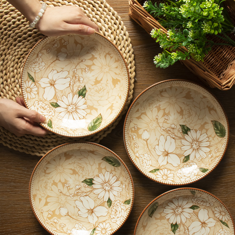 山茶花陶瓷釉下彩8英寸盘子高颜值网红碗盘套装餐具ins风碟子家用