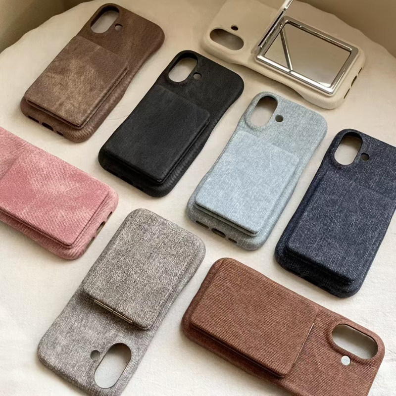 牛仔布镜子支架手机壳iPhone17promax玻璃补妆镜子16pro简约14高级感13适用个性男女款15pro保护套小众