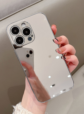 镜面补妆iPhone17promax手机壳玻璃16pro带镜子14适用苹果11女华为p80简约mate70pro电镀xsmax全包防摔保护套