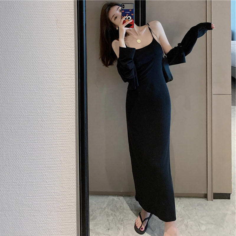 气质女神范套装2020新款纯色防晒开衫小外套+吊带连衣裙两件套夏