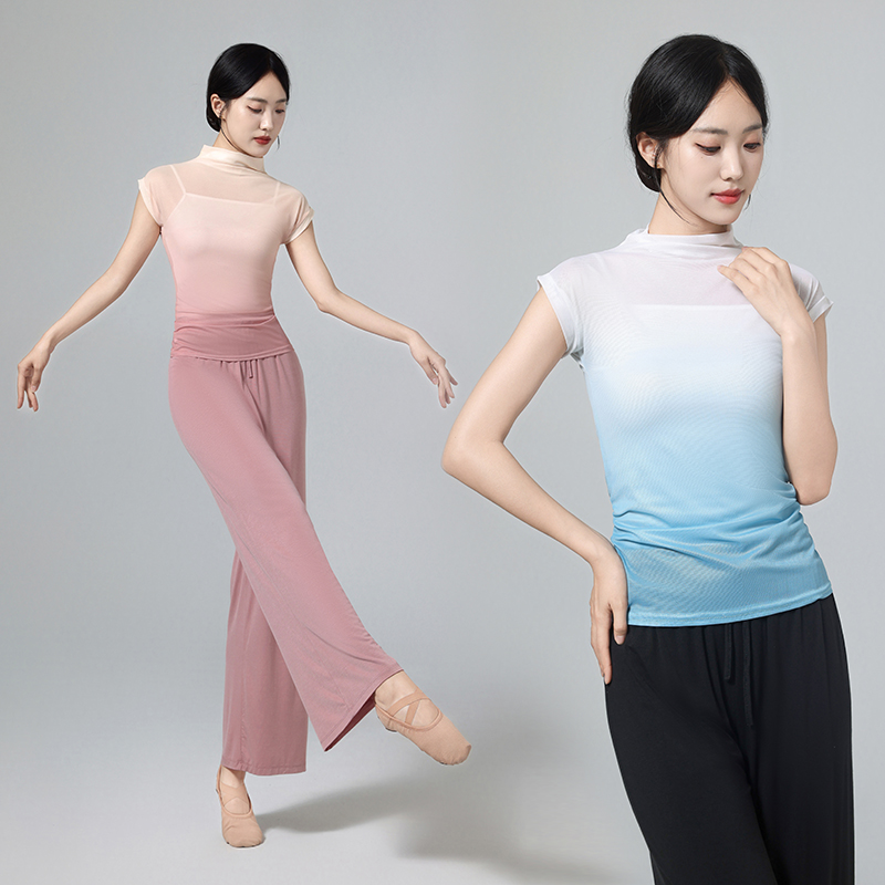 现代舞练功服渐变色修身短袖网纱上衣女古典舞立领演出形体训练服