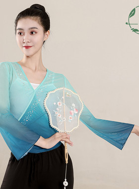 古典舞渐变短款系带水钻长袖舞蹈服身韵弹力网纱艺考基训服女上衣