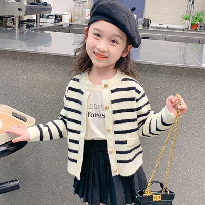 韩系女童针织开衫加绒春秋季新款韩版儿童洋气条纹毛衣外套长袖潮