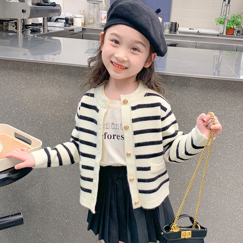 韩系女童针织开衫加绒春秋季新款韩版儿童洋气条纹毛衣外套长袖潮