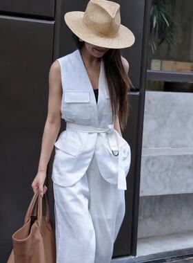 独家B*C极简风25夏新款亚麻腰带收腰V领马甲阔腿两件套 多色