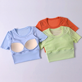 运动短袖 露脐普拉提上衣瑜伽服 网纱透气圆领带胸垫健身T恤女短款