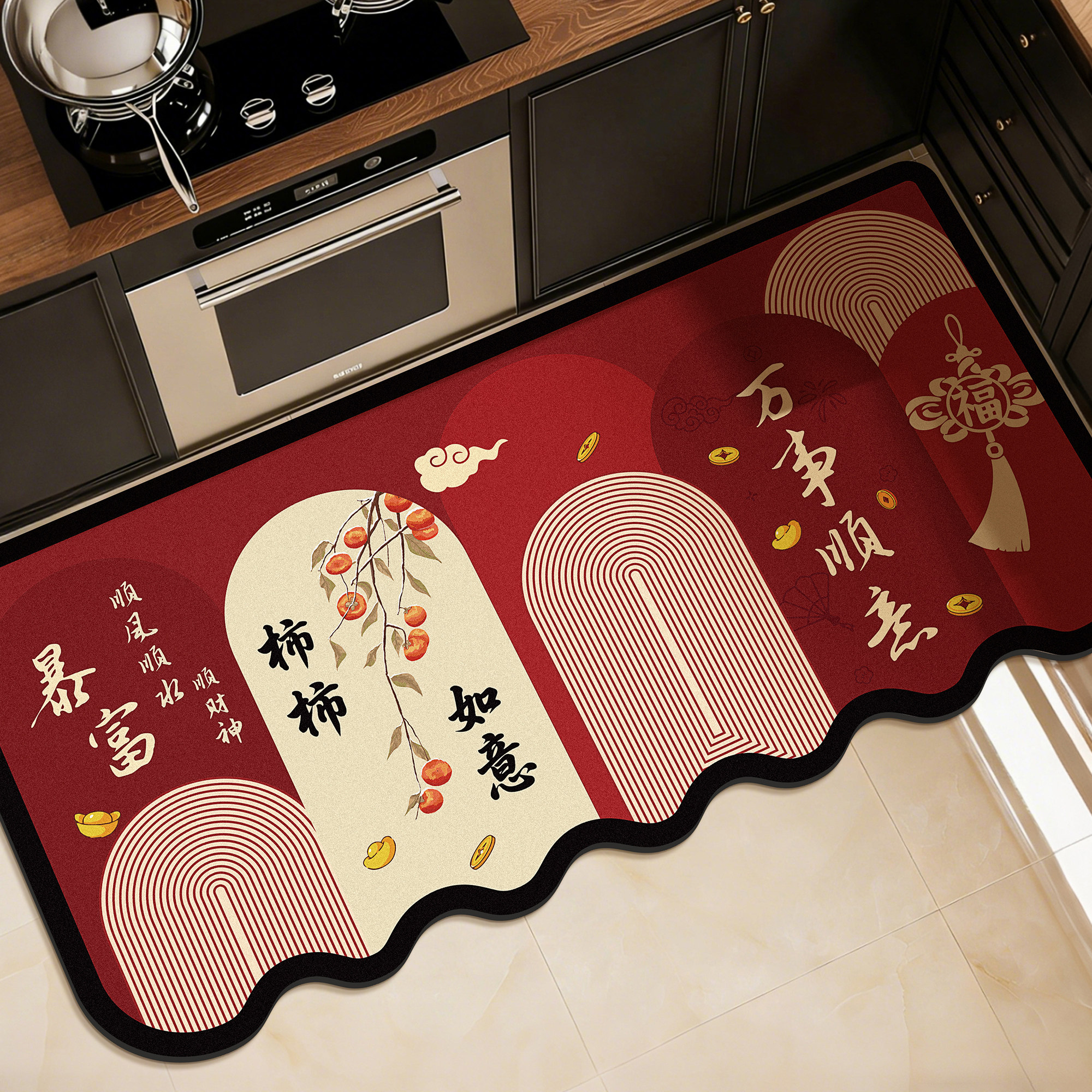 厨房地垫防滑吸油可擦免洗吸水专用硅藻泥地毯脚垫红色喜庆新中式,居家布艺,厨房地垫,淘宝优惠券,粉丝福利购,淘宝优惠卷