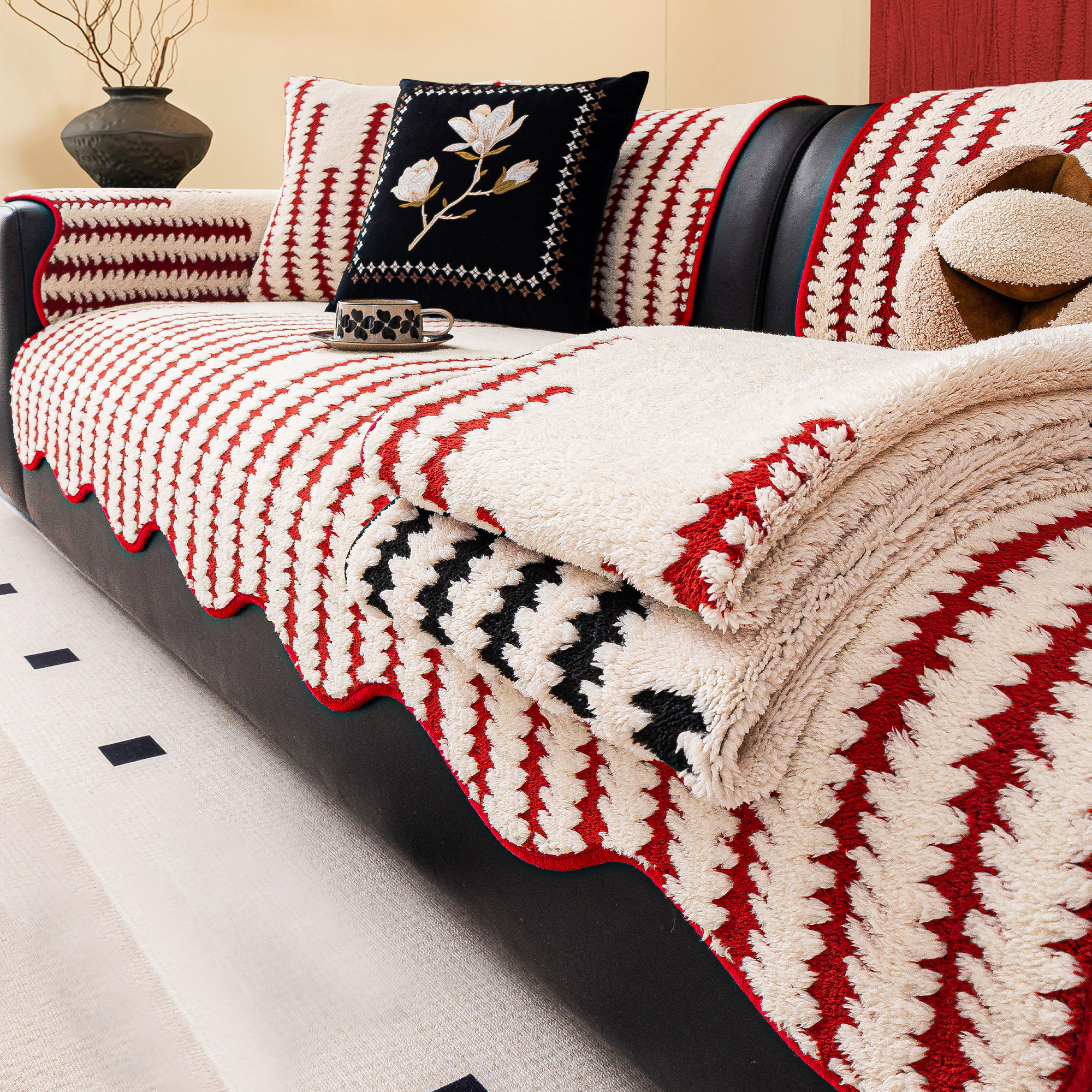 2026新款高级感沙发垫盖布新年红色喜庆座垫固定防滑秋冬季坐垫子