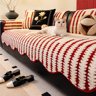 毛绒沙发垫2026冬四季新款新年红色异形皮沙发专用固定防滑盖布巾