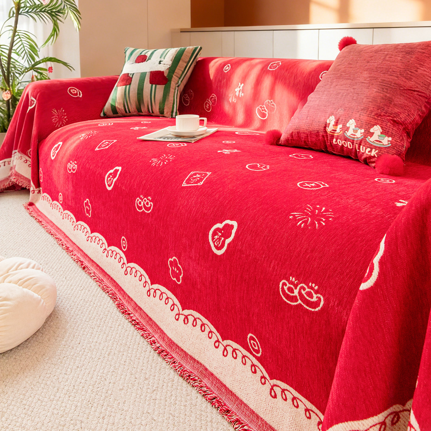 新年喜庆沙发巾盖布2026新款雪尼尔一整张全盖式保暖皮沙发套罩毯,居家布艺,万能盖巾,淘宝优惠券,粉丝福利购,淘宝优惠卷