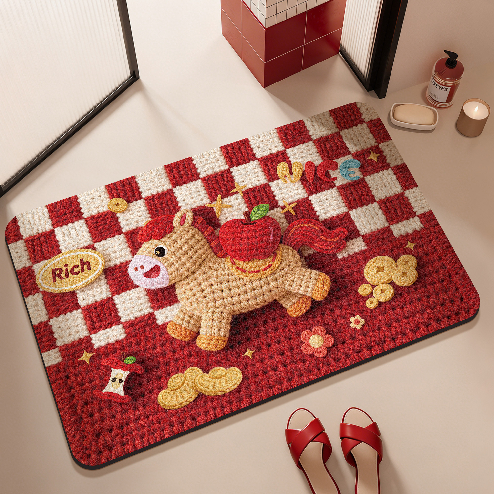 马年浴室地垫硅藻泥卫生间门口厕所防滑吸水垫子红色新年喜庆脚垫,居家布艺,家用脚垫,淘宝优惠券,粉丝福利购,淘宝优惠卷