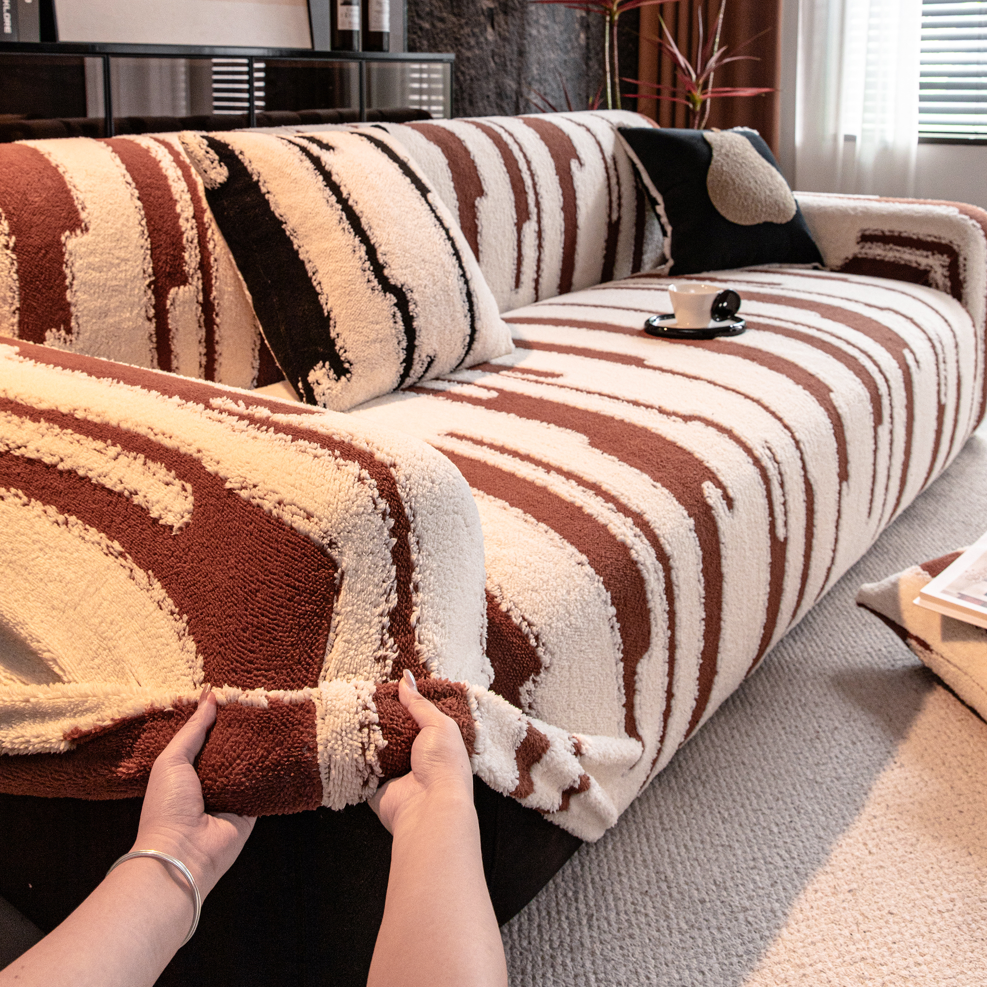 奶油咖色全包边沙发套冬季沙发罩