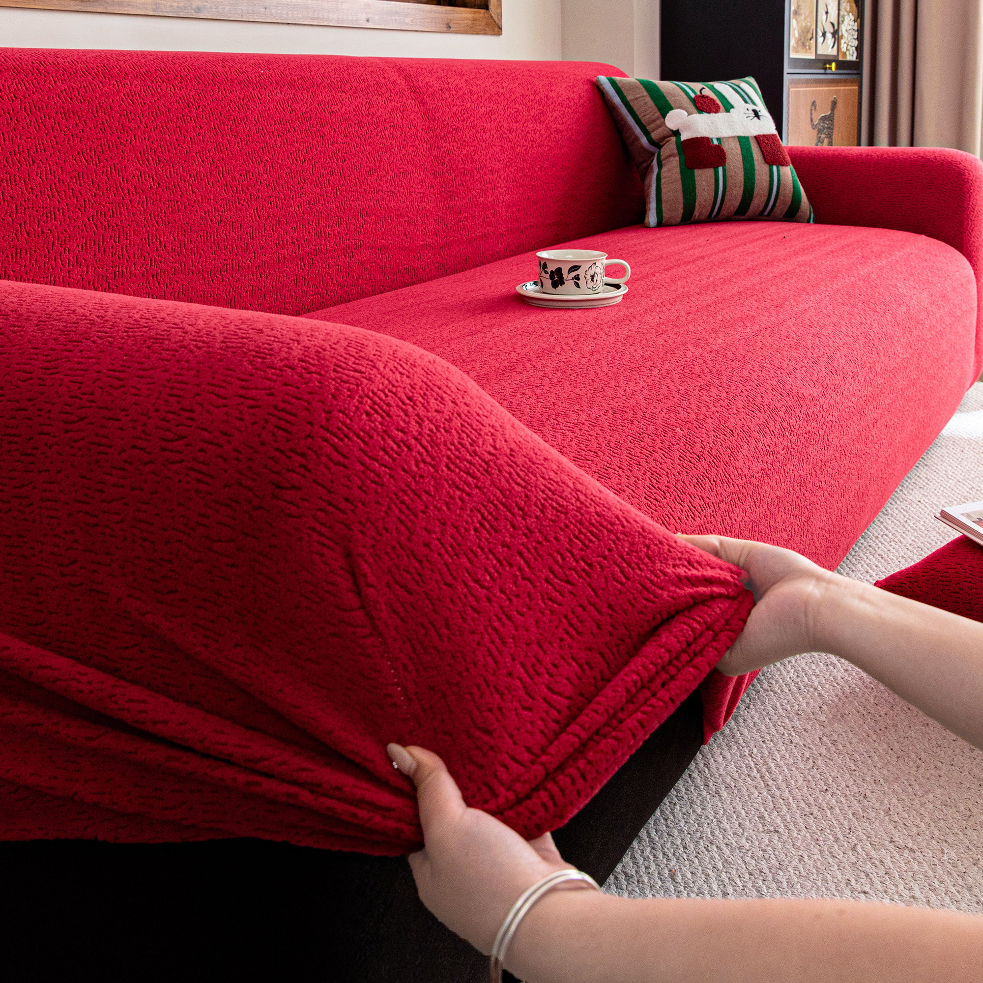 霏彩新年喜庆毛绒沙发套罩全包边高级感2026新款保护布垫冬季加厚