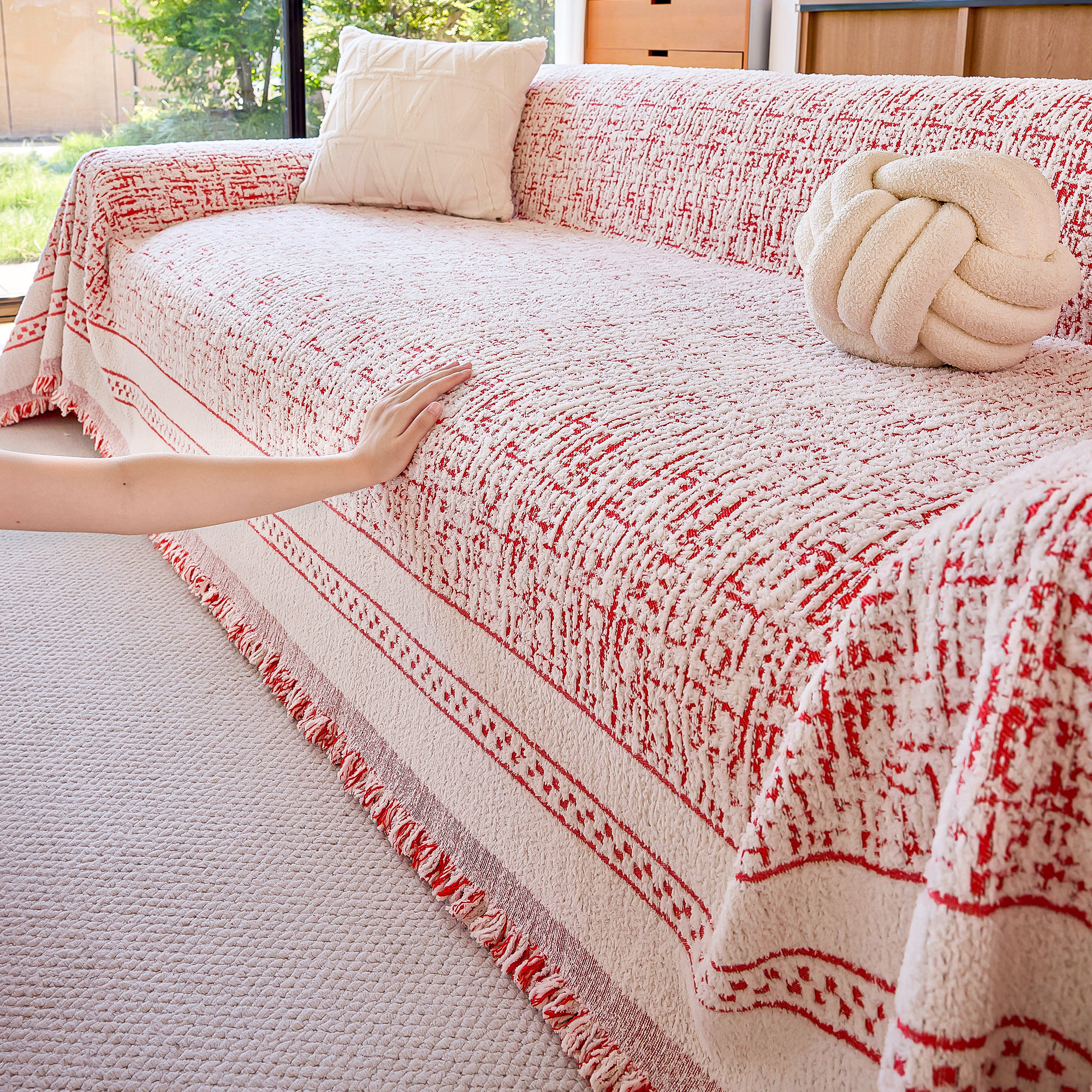 红色沙发盖布毯子新年喜庆氛围感客厅布置轻奢高级感奶油风一片式