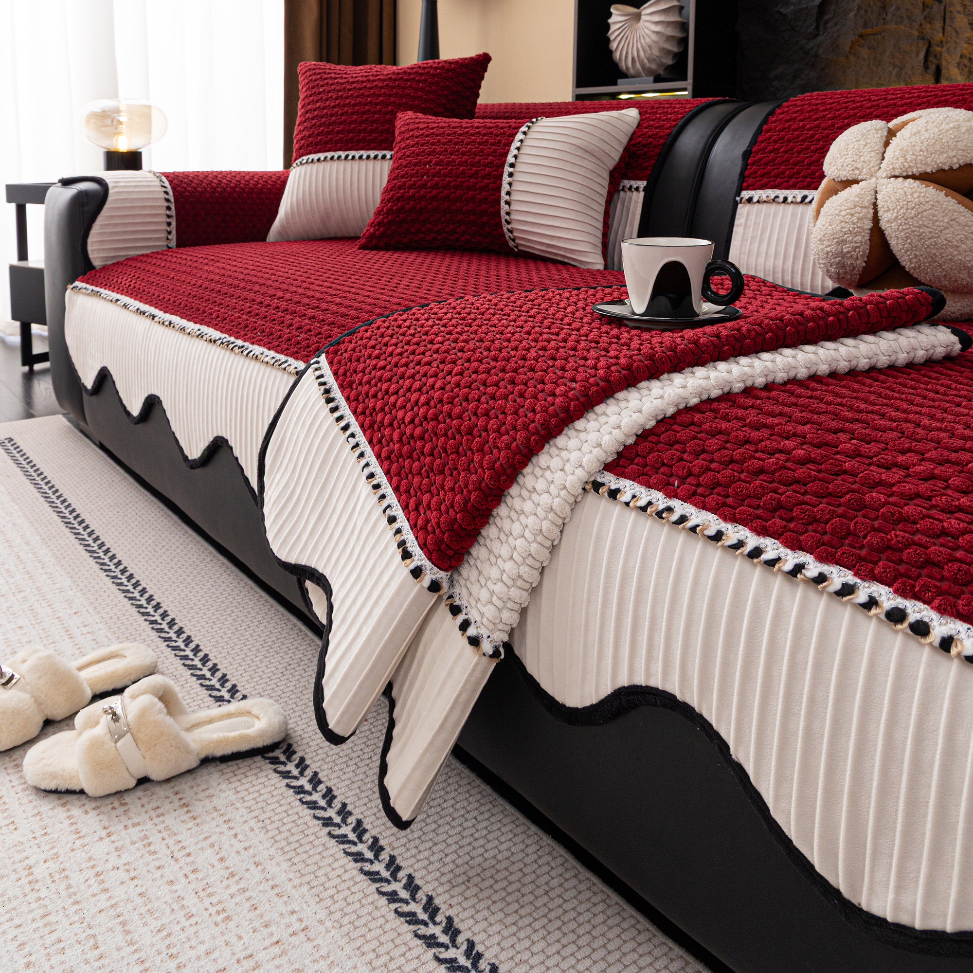 红色结婚喜庆沙发垫冬轻奢高级感2026新款简约现代防滑直排一片式