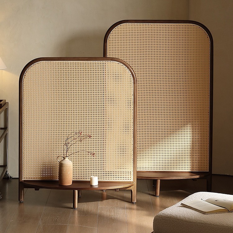 北欧隔断客厅玄关入户新中式卧室可移动简约遮挡座屏藤编实木屏风