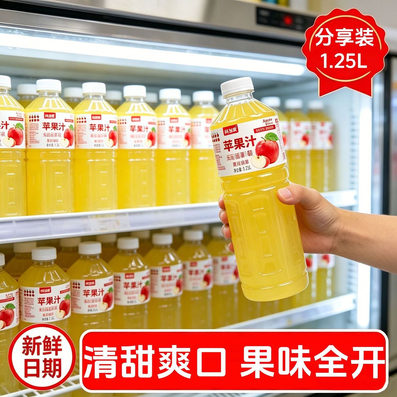 爆款鲜榨红苹果汁4瓶装1.25L