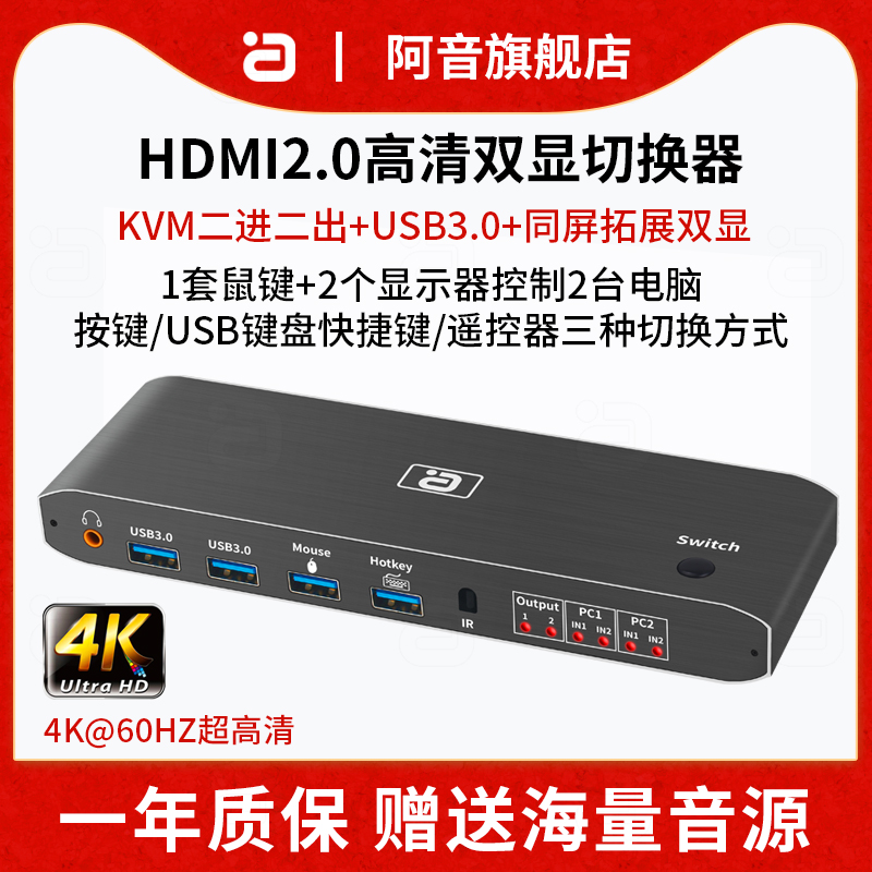 4K高清HDMI2.0 KVM切换器双屏拓扩展2进2出显示器鼠键打印机共享