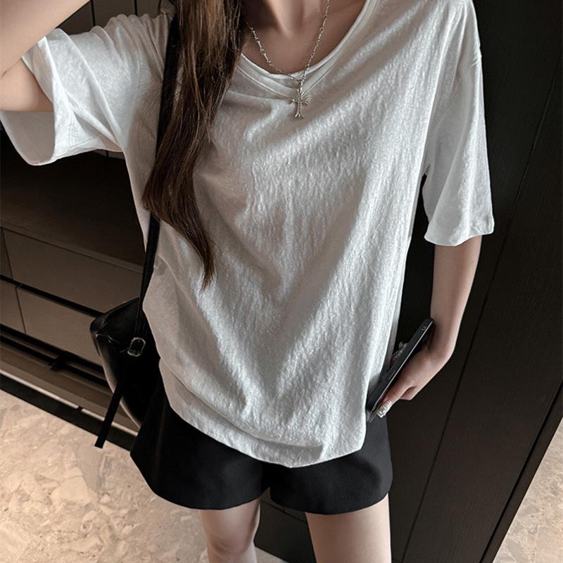 2025新款白色慵懒风宽松简约休闲正肩短袖T恤女V领设计感小众上衣