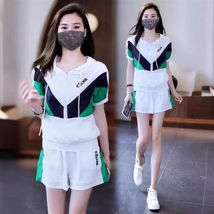 两件套ins 夏季 新款 休闲青春感运动服宽松潮流连帽短袖 T恤阔腿短裤